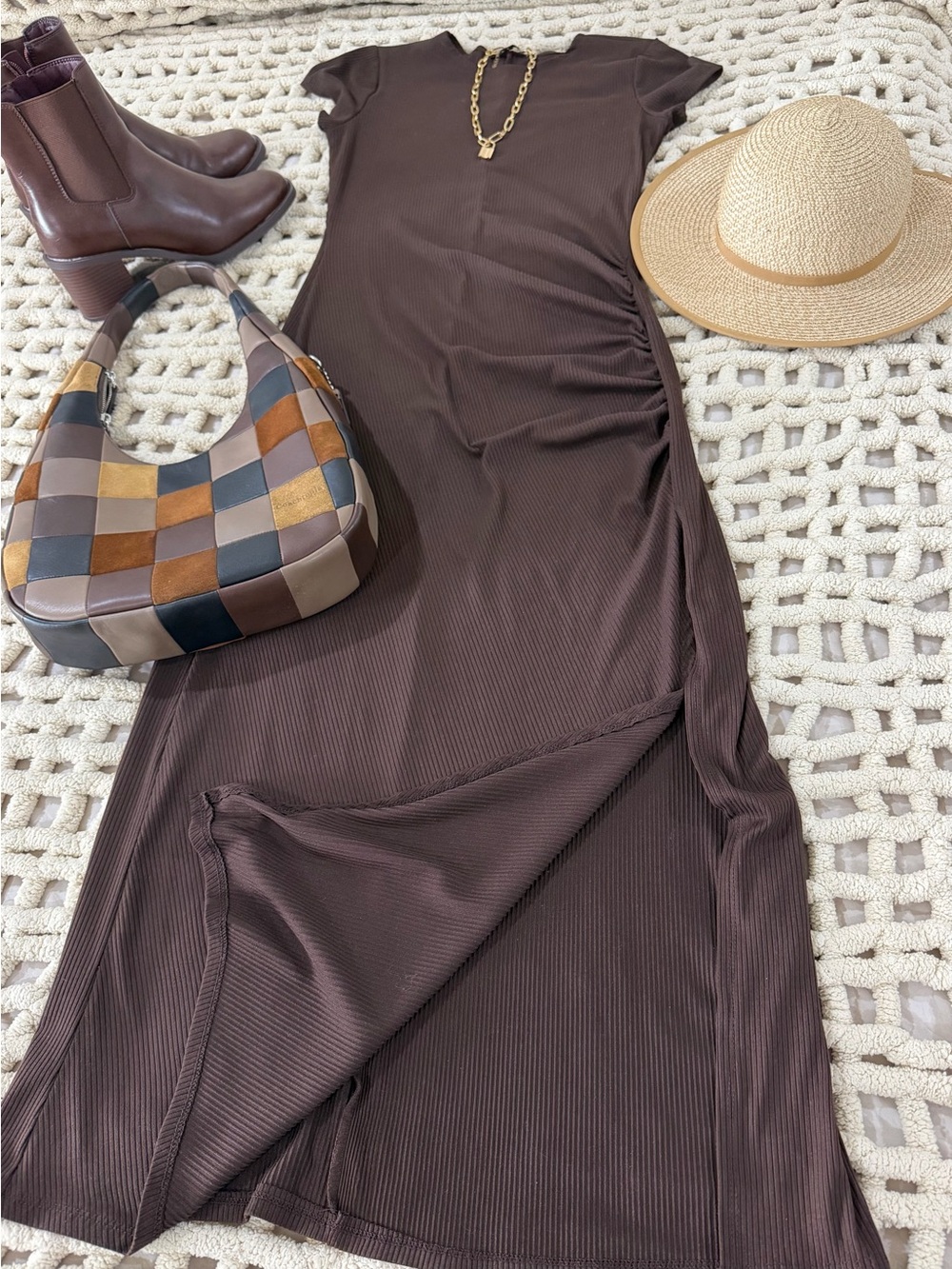2 Women's Brown & Black Ribbed Side-Slit Maxi Dresses #0140